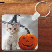 Oude Halloween witte kat en Jack-o'-lantern Sleutelhanger (Achterkant)
