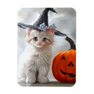 Oude Halloween witte kitten en Jack-o'-lantern Magneet