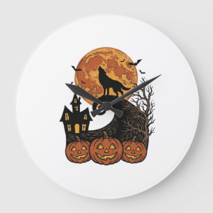 Oude Halloween Wolf Maan Pompoen Shirt Ontwerp_1 Grote Klok