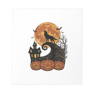 Oude Halloween Wolf Maan Pompoen Shirt Ontwerp_1 Notitieblok