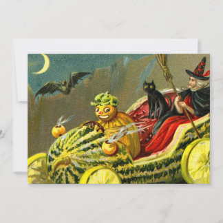 Oude Halloween Zwarte Kat en Heks Feestdagenkaart