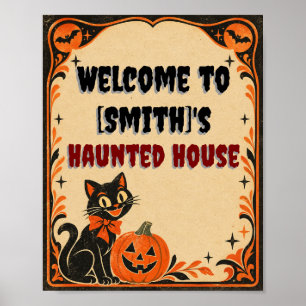 Oude Halloween Zwarte Kat en Pompoen Poster