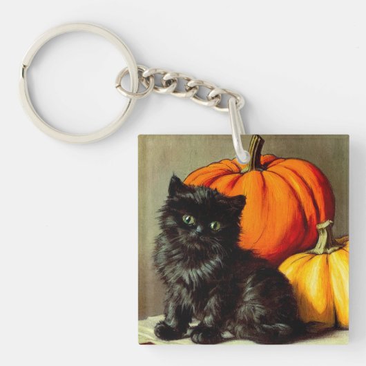 Oude Halloween Zwarte Kat en Pompoenen Sleutelhanger (voorkant)