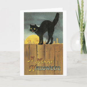 Oude halloween, zwarte kat en volle maan kaart