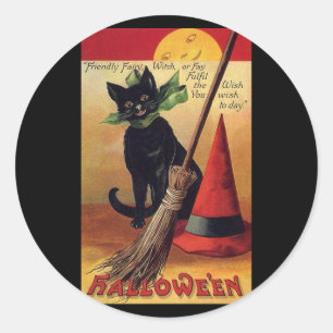 Oude Halloween Zwarte Kat, Heks bezem en Hoed Ronde Sticker