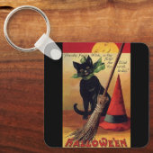 Oude Halloween Zwarte Kat, Heks bezem en Hoed Sleutelhanger (Voorkant)