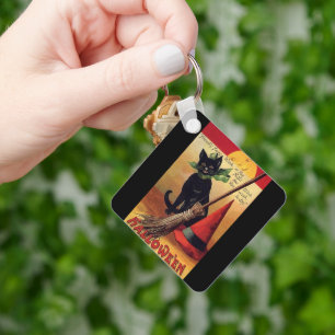 Oude Halloween Zwarte Kat, Heks bezem en Hoed Sleutelhanger