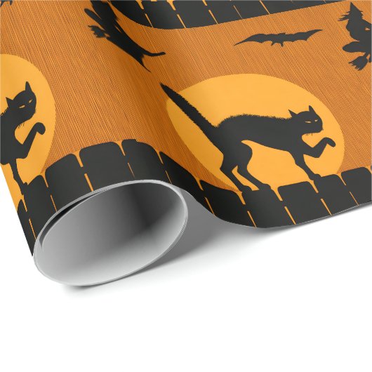 Oude Halloween Zwarte Kat, Heks Maan Silhouet Cadeaupapier (Rol Hoek)