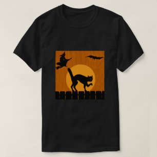 Oude Halloween Zwarte Kat, Heks Maan Silhouet T-shirt