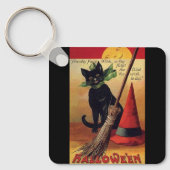 Oude Halloween Zwarte Kat, Heksenbezem en Hoed Sleutelhanger (Voorkant)