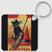 Oude Halloween Zwarte Kat, Heksenbezem en Hoed Sleutelhanger (Achterkant)