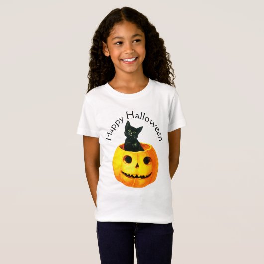 Oude halloween, zwarte kat op pompoen t-shirt (Voorkant volledig)