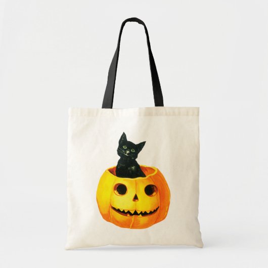 Oude halloween, zwarte kat op pompoen tote bag (Voorkant)