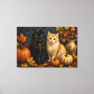 Oude Halloween Zwarte Kat & Oranje Kat Canvas Afdruk