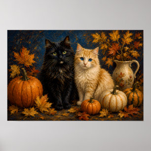 Oude Halloween Zwarte Kat & Oranje Kat Poster