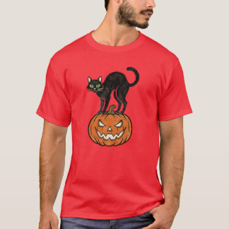 Oude Halloween Zwarte Kat & Pompoen Retro Design T-shirt