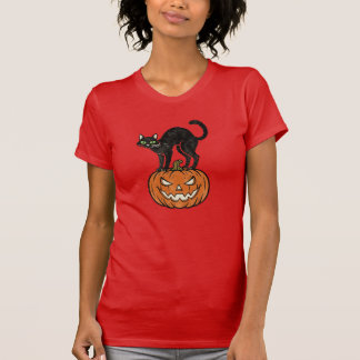 Oude Halloween Zwarte Kat & Pompoen Retro Design T-shirt