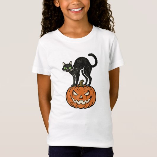 Oude Halloween Zwarte Kat & Pompoen Retro Design T-shirt (Voorkant)