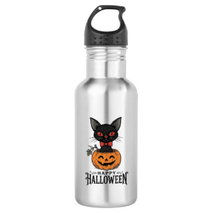 Oude Halloween Zwarte Kat Pompoen Shirt Ontwerp_1 Waterfles