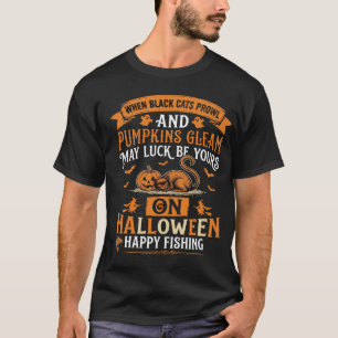 Oude Halloween Zwarte Kat Pompoen Vissen T-shirt