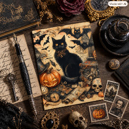 Oude Halloween Zwarte Kat Vakantie Feestdagenkaart