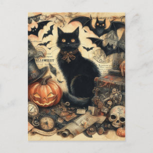 Oude Halloween Zwarte Kat Vakantie Feestdagenkaart
