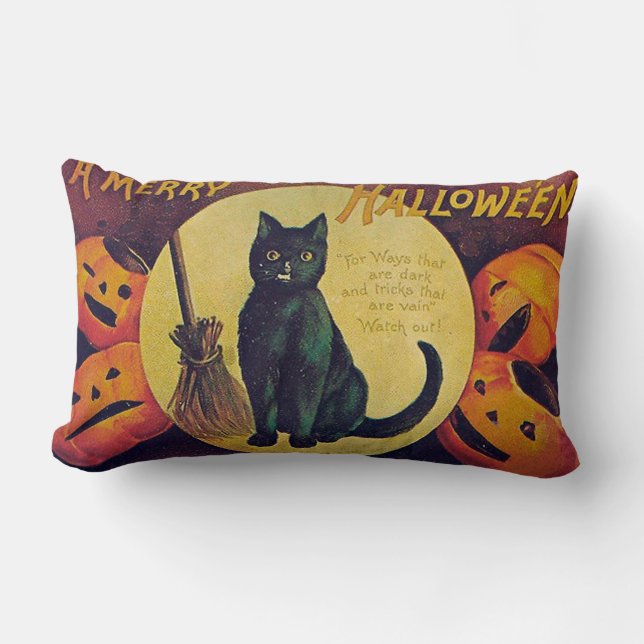 Oude Halloween Zwarte Kat Worp Kussen (Voorkant)