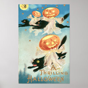 Oude Halloween Zwarte Katten & Jack-o-lanterns Poster