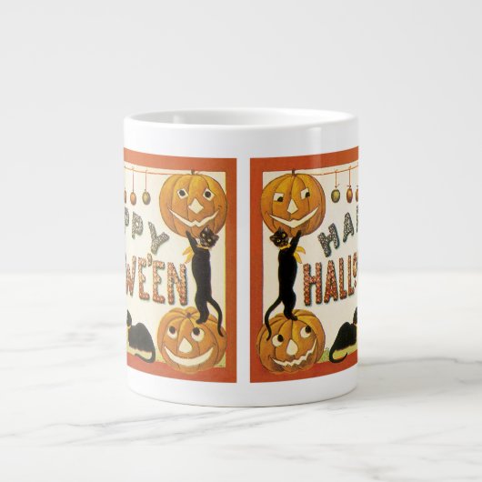 Oude Halloween, Zwarte Katten met Jackolanterns Grote Koffiekop (Voorkant)
