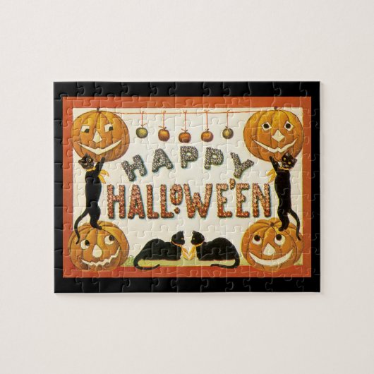 Oude Halloween, Zwarte Katten met Jackolanterns Legpuzzel (Horizontaal)