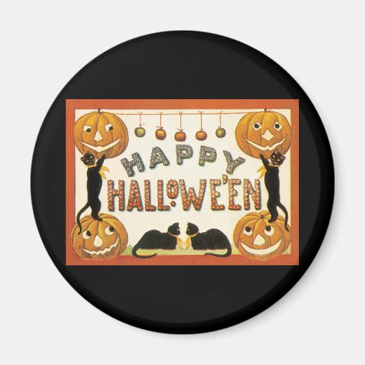 Oude Halloween, Zwarte Katten met Jackolanterns Magneet (Voorkant)