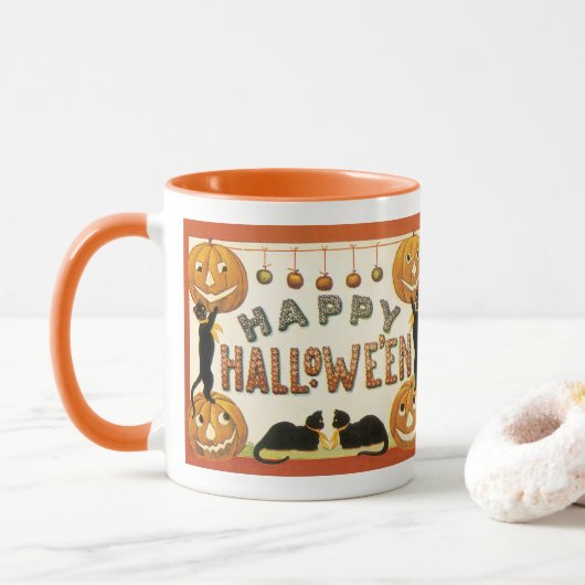 Oude Halloween, Zwarte Katten met Jackolanterns Mok (Met donut)