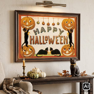 Oude Halloween, Zwarte Katten met Jackolanterns Poster