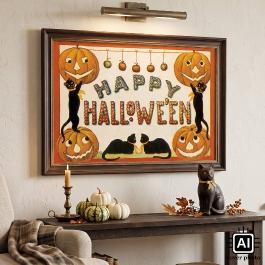 Oude Halloween, Zwarte Katten met Jackolanterns Poster