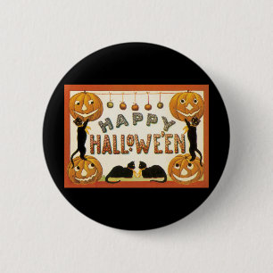 Oude Halloween, Zwarte Katten met Jackolanterns Ronde Button 5,7 Cm