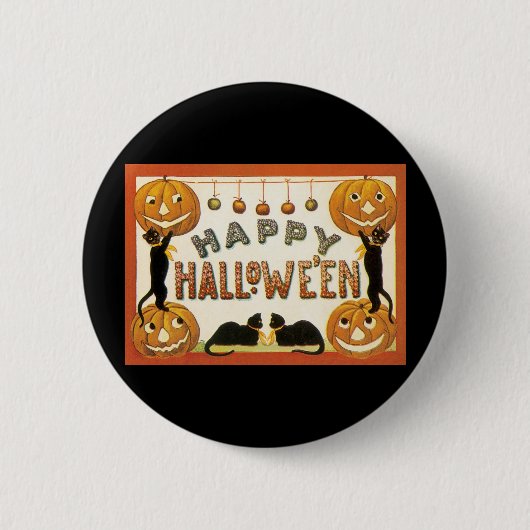 Oude Halloween, Zwarte Katten met Jackolanterns Ronde Button 5,7 Cm (Voorkant)