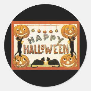 Oude Halloween, Zwarte Katten met Jackolanterns Ronde Sticker