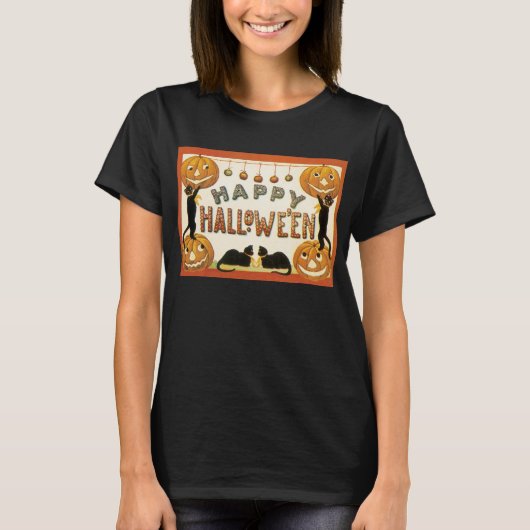 Oude Halloween, Zwarte Katten met Jackolanterns T-shirt (Voorkant)