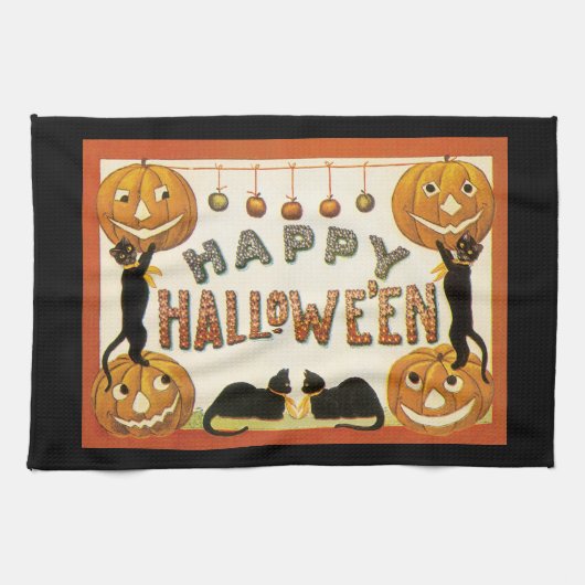 Oude Halloween, Zwarte Katten met Jackolanterns Theedoek (Horizontaal)