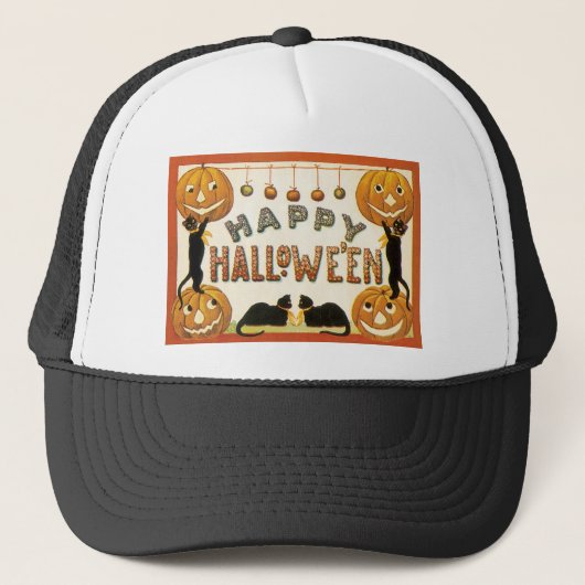 Oude Halloween, Zwarte Katten met Jackolanterns Trucker Pet (Voorkant)