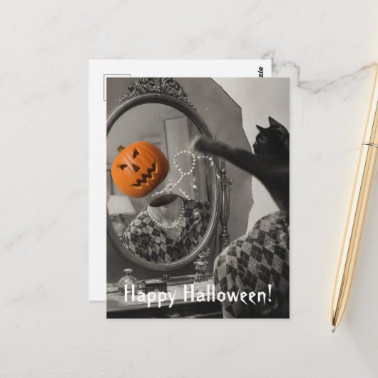 Oude Halloweenkat slaat Jackolantern-hoofd eraf Briefkaart (Voorkant / Achterkant in situ)