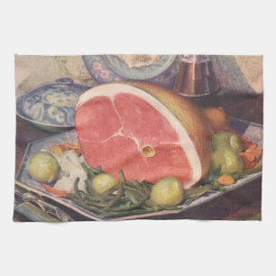 Oude hamdiner met groene bonen en aardappelen theedoek