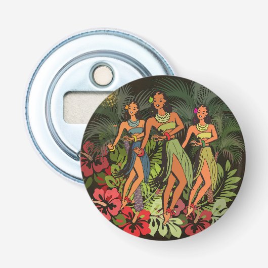 Oude Hawaï Hula Dansers Retro Tiki Palmboom Button Flesopener (Voorkant)
