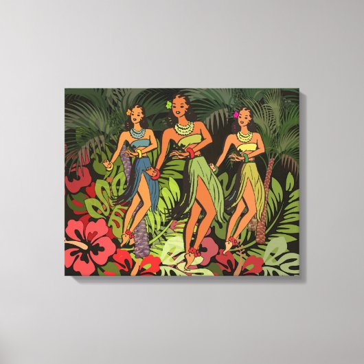 Oude Hawaï Hula Dansers Retro Tiki Palmboom Canvas Afdruk (Voorkant)