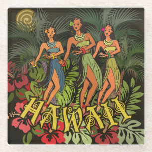 Oude Hawaï Hula Dansers Retro Tiki Palmboom Glazen Onderzetter