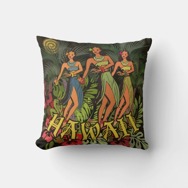 Oude Hawaï Hula Dansers Retro Tiki Palmboom Kussen (Voorkant)