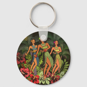 Oude Hawaï Hula Dansers Retro Tiki Palmboom Sleutelhanger