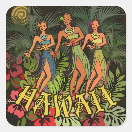 Oude Hawaï Hula Dansers Retro Tiki Palmboom Vierkante Sticker (Voorkant)