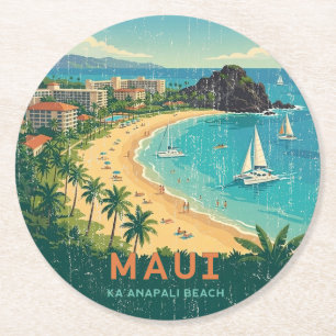 Oude Hawaïaanse Reisposters - Maui Ronde Kartonnen Onderzetter