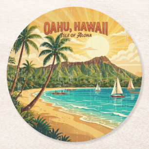 Oude Hawaïaanse Reisposters - Oahu Ronde Kartonnen Onderzetter